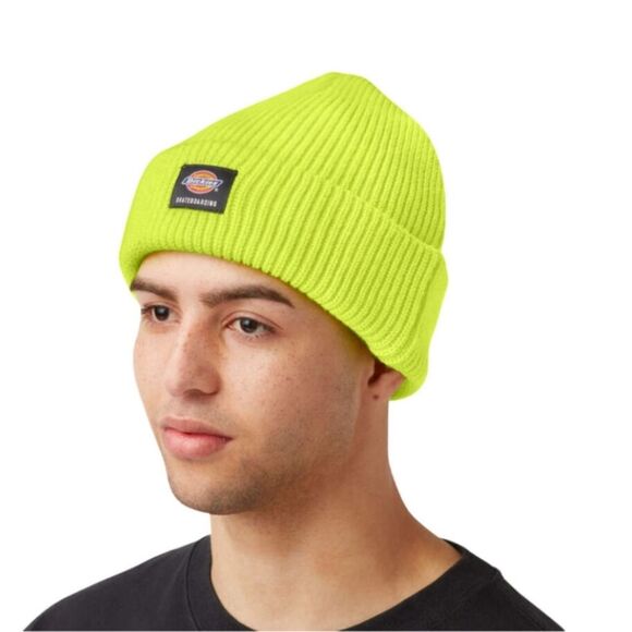 Dickies Bright Lime Yellow Chartreuse Ribbed Knit Cuff Beanie Hat - Picture 1 of 8